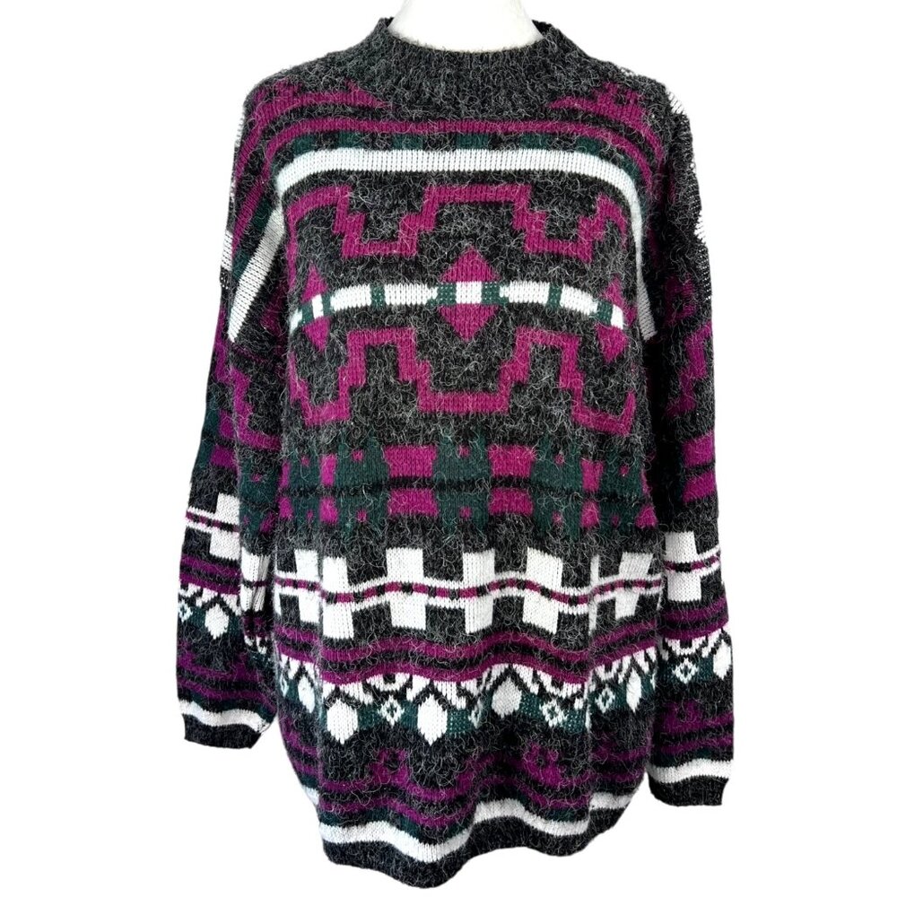 Vintage Sweater Gray Purple Geometric Made USA Medium
